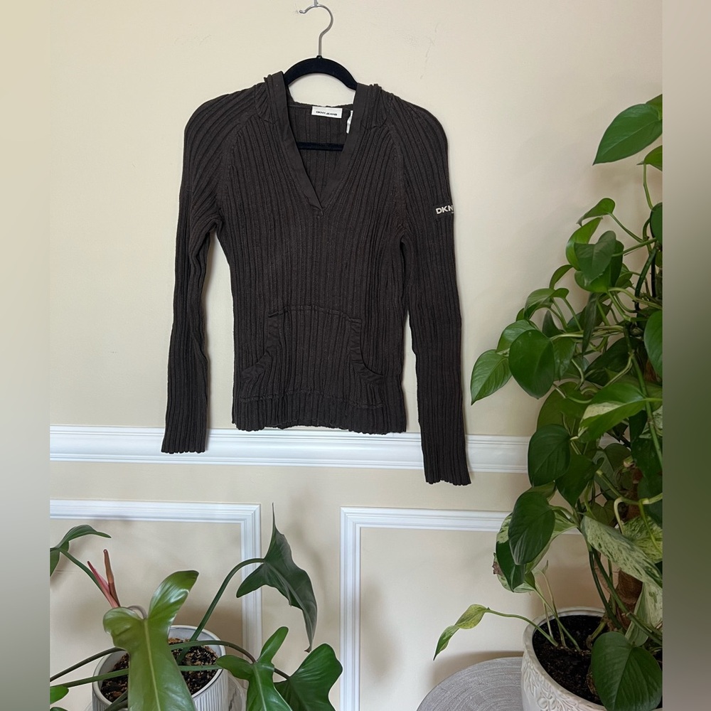 DKNY Brown V-Neck Hooded Sweater Ribbed Knit